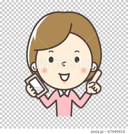 スマホを持って指差しボーズをする女性 67940910