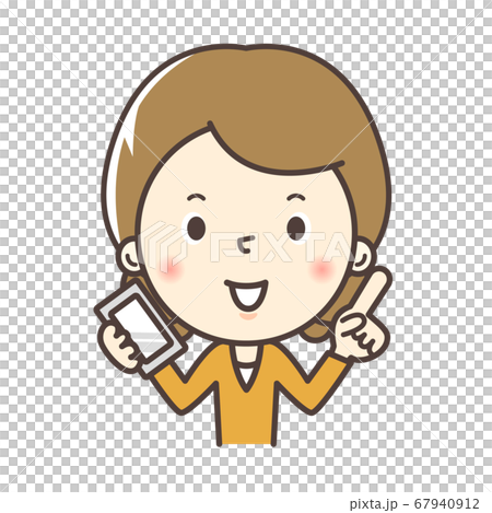 スマホを持って指差しボーズをするお母さん 67940912