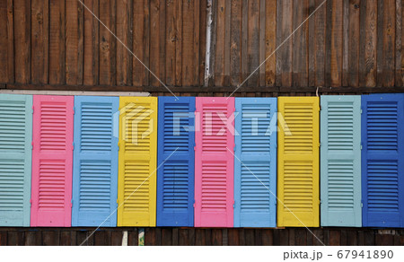 Brightly Rustic Coloured Wooden Vintage External Windows Brightly Rustic Coloured Wooden Vintage External Windows 67941890