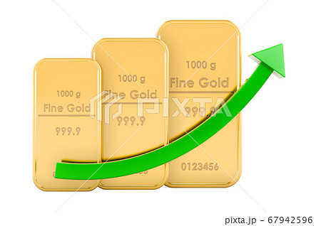 Golden bars with growth green arrow, 3D rendering Golden bars with growth green arrow, 3D rendering 67942596