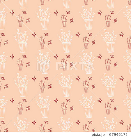 Template. Seamless pattern with burgundy and white contour of indoor plants in pots on a pink background. Cactus, flowers and bees. The concept of home, garden, interior and design. Vector Template. Seamless pattern with burgundy and white contour of indoor plants in pots on a pink background. Cactus, flowers and bees. The concept of home, garden, interior and design. Vector 67946175