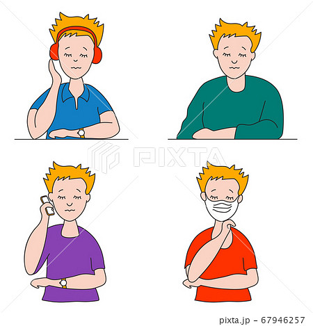 Set of flat vector people with closed eyes. A young man in different clothes, poses and gestures in bright clothes. Sits in headphones, stands with the phone. In a medical mask for virus protection Set of flat vector people with closed eyes. A young man in different clothes, poses and gestures in bright clothes. Sits in headphones, stands with the phone. In a medical mask for virus protection 67946257