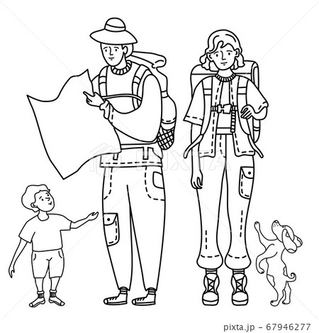 Linear outline drawing tourist family. A girl a backpack behind her back to travel. A man in a hat holds a card in his hands, a child stands nearby and a dog jumps. Travel concept vector 67946277