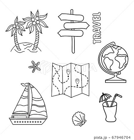 Illustration for lifestyle design. Travel set of doodles. Outline symbol collection. Globe, cockleshell, navigation, cocktail. Vector illustration 67946704