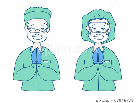 Surgeon and doctor in medical green overalls - mask, glasses, hat, gloves. They crossed their arms, closed their eyes and prayed. Medicine and saving people from the virus and pandemic. Vector drawing 67946779