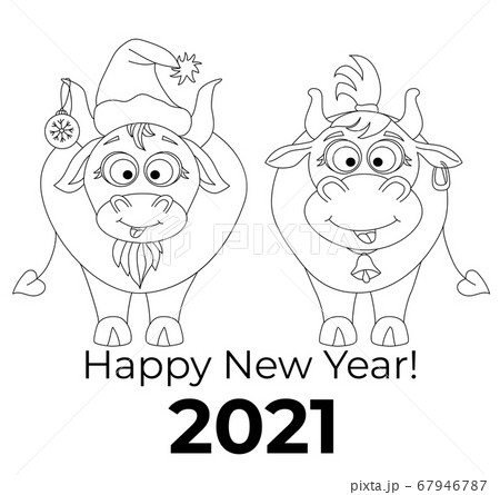 New Year 2021. Chinese year of the bull. Cute animals - a bull in a New Years hat and a Christmas ball-toy on the ear. Cow with haircut and earring. Happy New Year. vector. Everything is isolated New Year 2021. Chinese year of the bull. Cute animals - a bull in a New Years hat and a Christmas ball-toy on the ear. Cow with haircut and earring. Happy New Year. vector. Everything is isolated 67946787