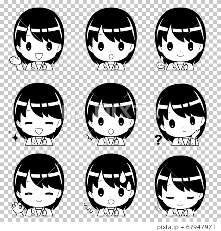 Illustration material (Cartoon style) Stethoscope Icon set of facial expressions of a black-haired woman in a white coat Illustration material (Cartoon style) Stethoscope Icon set of facial expressions of a black-haired woman in a white coat 67947971