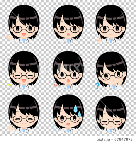 Illustration material (no main line) Stethoscope Icon set of facial expression of black-haired woman in white coat Illustration material (no main line) Stethoscope Icon set of facial expression of black-haired woman in white coat 67947972