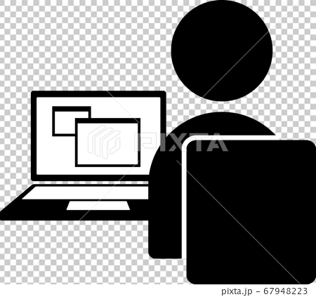 机でノートパソコンに向かって作業をする人のイメージアイコンのイラスト素材