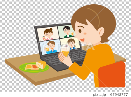 ノートパソコンでオンライン飲み会に参加する女性のイラスト 白背景のイラスト素材