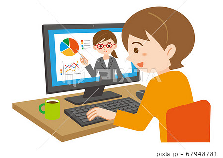 パソコンでオンライン講習を受講する若い女性のイラスト/白背景	 67948781