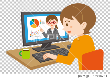 パソコンでオンライン講習を受講する若い女性のイラスト/白背景	 67948781