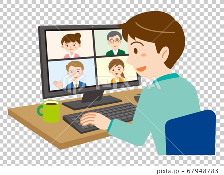 自宅のパソコンでオンライン会議に参加する男性のイラスト 白背景のイラスト素材