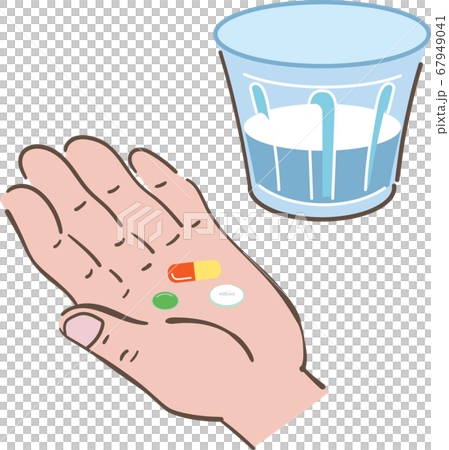 手のひらに載せた錠剤と水　イラスト	 67949041