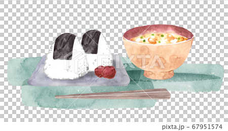 おにぎりと味噌汁の水彩画 67951574