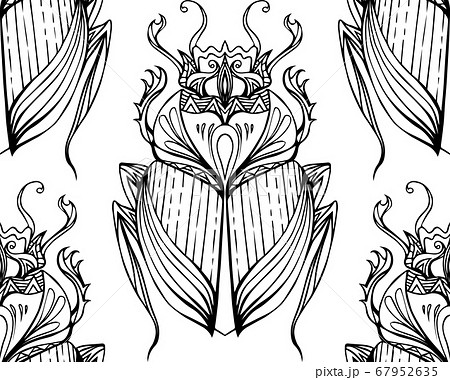 Seamless black and white pattern with hand drawn tribal scarab. Vector background 67952635