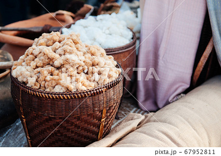 Cotton fiber in bamboo basket local Thai cotton Cotton fiber in bamboo basket local Thai cotton 67952811