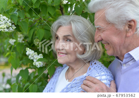 Beautiful senior couple hugging in the park by lilacs Beautiful senior couple hugging in the park by lilacs 67953562