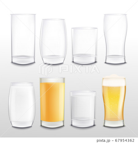 Realistic glass cup set empty and full of beer and milk in different shapes and sizes Realistic glass cup set empty and full of beer and milk in different shapes and sizes 67954362