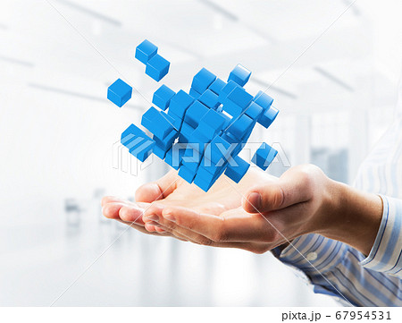 Concept of technology integration and innovation presented by cube figure. Mixed media 67954531