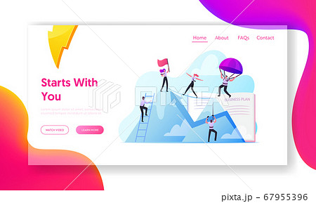 Characters New Heights, Team Work Landing Page Template. Business People Climbing on Mountain Peak, Walking on Rope 67955396