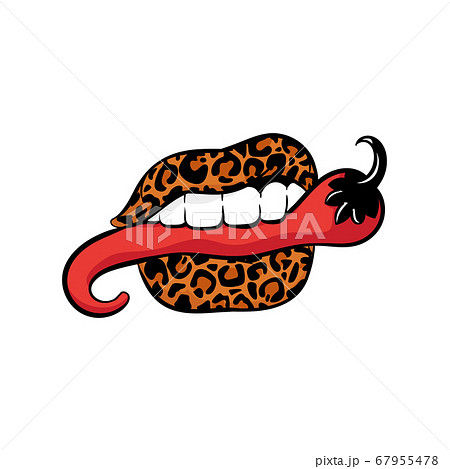 Leopard skin colored womens lips with red pepper, vector illustration isolated. Leopard skin colored womens lips with red pepper, vector illustration isolated. 67955478