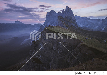 Italy, Dolomite Alps, Seceda mountain, Scenic view of Seceda mountain in Dolomites at sunset 67956693