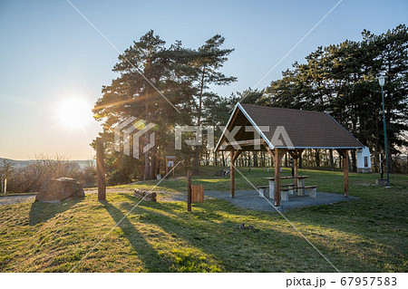 Pichora Marcomanni burial ground south of Dobrichov in the Kolin region Czech republic. Archaeological excavations With small lookout tower with wiew to small city Dobrichov. Educational trail. 67957583