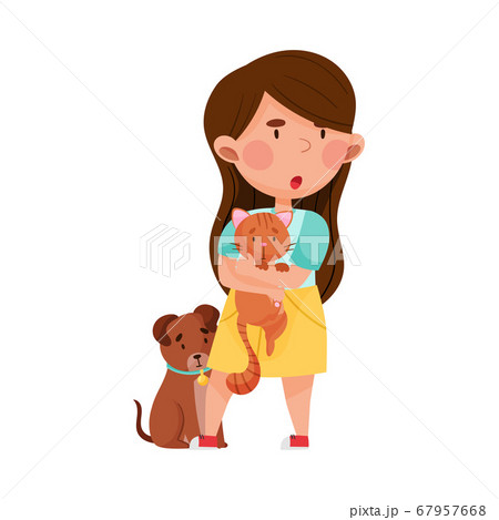 Little Brave Girl Holding Cat in Arms Protecting from Hooligan Vector Illustration Little Brave Girl Holding Cat in Arms Protecting from Hooligan Vector Illustration 67957668