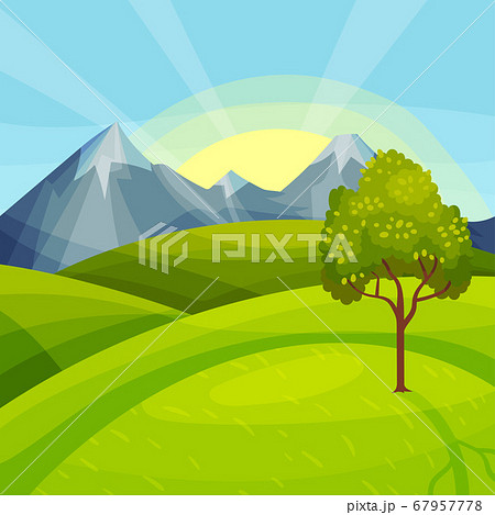 Green Landscape with Mountain Peaks, Grassy Hills and Clear Sky Vector Illustration 67957778