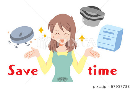 便利な家電を使って喜ぶ主婦のイラストのイラスト素材
