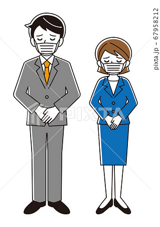 マスクをしてお辞儀をするビジネススーツを着た男女のイラスト/白背景 67958212