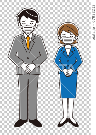 マスクをしてお辞儀をするビジネススーツを着た男女のイラスト/白背景 67958212