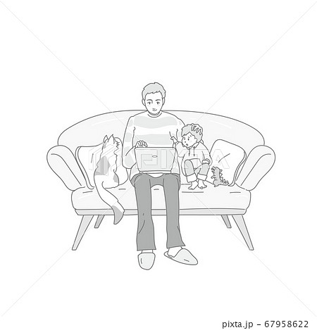 ノートパソコンを覗き込む親子 モノクロのイラスト素材