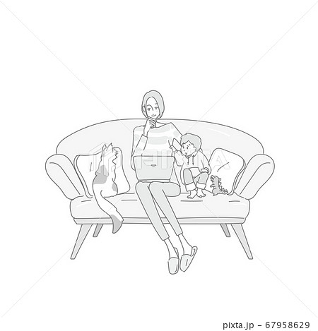 ノートパソコンを覗き込む親子 モノクロのイラスト素材