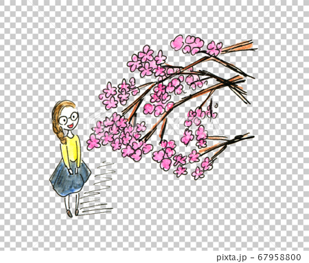 満開の桜を見上げる女性 水彩イラストのイラスト素材