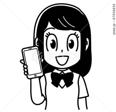 スマホを持っている女子高生 モノクロ のイラスト素材 6795