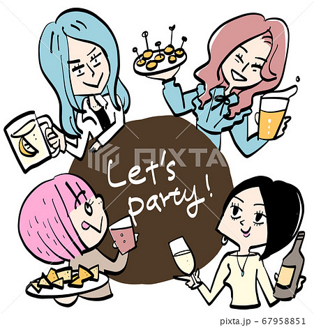 女性4人キャラクターでパーティーのイラスト素材