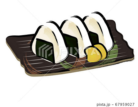 アナログタッチ筆描き手描き お皿に乗った海苔オニギリお握りおむすびのイラスト アナログタッチ筆描き手描き お皿に乗った海苔オニギリお握りおむすびのイラスト 67959027