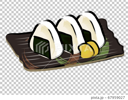 アナログタッチ筆描き手描き お皿に乗った海苔オニギリお握りおむすびのイラスト アナログタッチ筆描き手描き お皿に乗った海苔オニギリお握りおむすびのイラスト 67959027