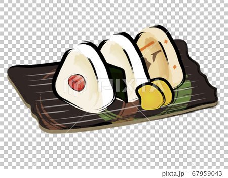 アナログタッチ筆描き手描き お皿に乗ったオニギリお握りおむすびのイラスト3種梅干し海苔かやくご飯のイラスト素材