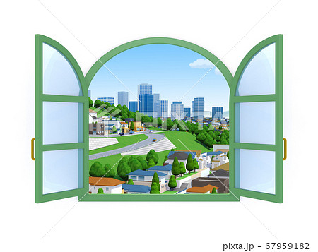 窓　街　風景　眺め　換気　住宅街 67959182