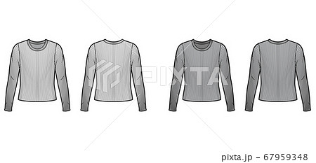Ribbed crew neck knit sweater technical fashion illustration with long sleeves, oversized body  67959348