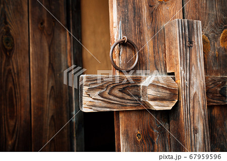 Korean traditional brown wooden door and doorknob Korean traditional brown wooden door and doorknob 67959596