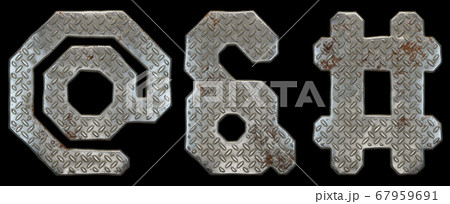 Set of symbols at, ampersand and hash made of industrial metal on black background 3d Set of symbols at, ampersand and hash made of industrial metal on black background 3d 67959691