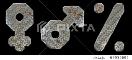 Set of symbols female, male, percent made of industrial metal on black background 3d Set of symbols female, male, percent made of industrial metal on black background 3d 67959692