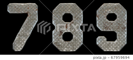 Set of numbers 7, 8, 9 made of industrial metal on black background 3d Set of numbers 7, 8, 9 made of industrial metal on black background 3d 67959694