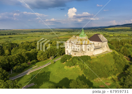 Beautiful old Olesko castle in Ukraine aerial view. 67959731