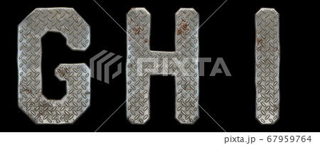 Set of capital letters G, H, I made of industrial metal isolated on black background. 3d Set of capital letters G, H, I made of industrial metal isolated on black background. 3d 67959764