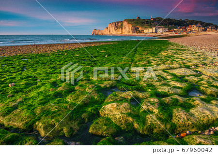 Green mossy gravel seaside at sunset in Etretat, Normandy, France 67960042